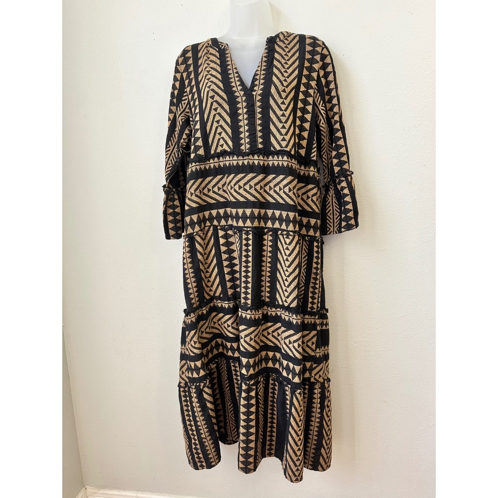 Mud Pie Black Tan Geometric Tribal Print Tier  Midi Dress Small Boho Bell Sleeve